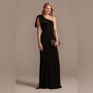 David Bridal Bridesmaids: Stretch crepe asymmetric gown with shoulder bow Size 4
